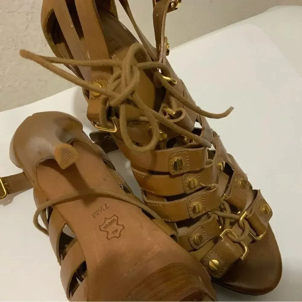 Tory Burch Gladiator Lace Up studded gold platform sandals Tan size 7.5 M